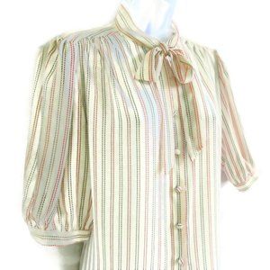 Vintage Josephine Blouse Secretary Dash Stripes Tie Bow Puff Half Sleeve 12